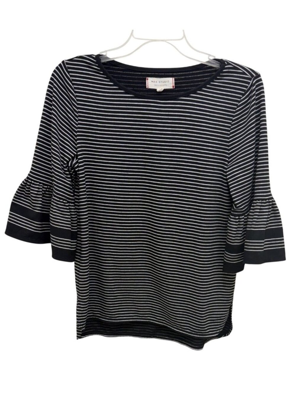 Max Studio Weekend black white striped ruffle sleeve small casual office top